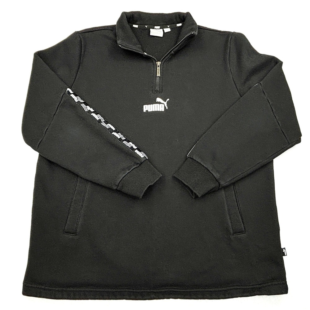 Puma Quarter Zip Fleece Pullover Mens Large Black Sleeve Logo Tape Sweatshirt